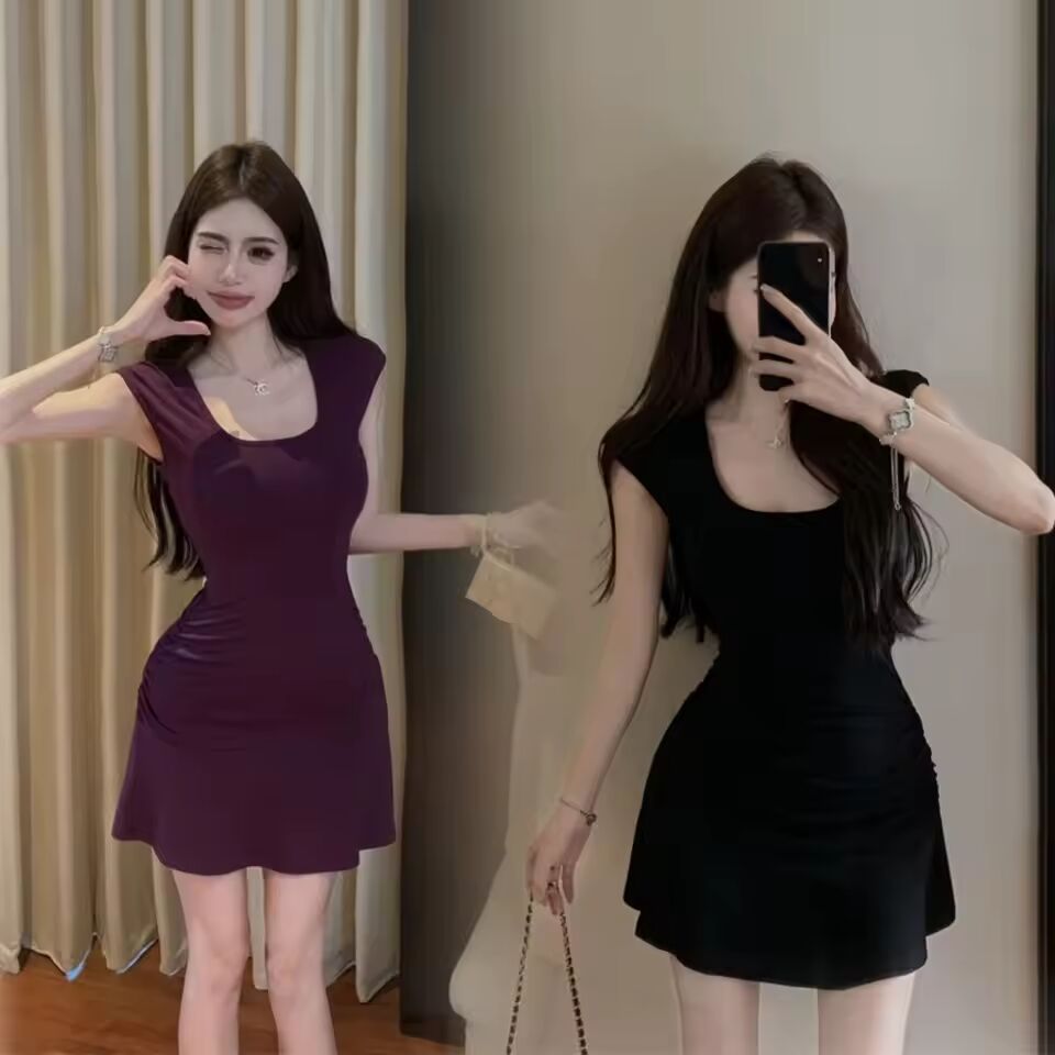 French Dopamine Scoop Neck Bodycon Mini Dress Summer Slim Fit Sweet Sexy Style Snatched Waist Versatile Fitted Dress