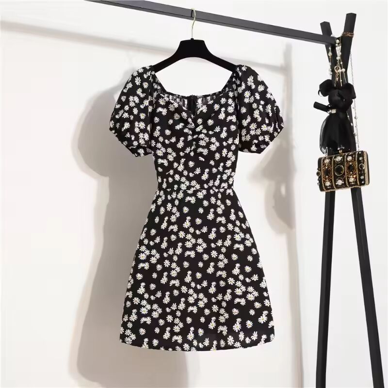Women Chiffon Mini Dresses Summer Fashion Female Vestidos Skinny Print Floral Shirring Pleated Short Puffy Sleeve Casual Dress