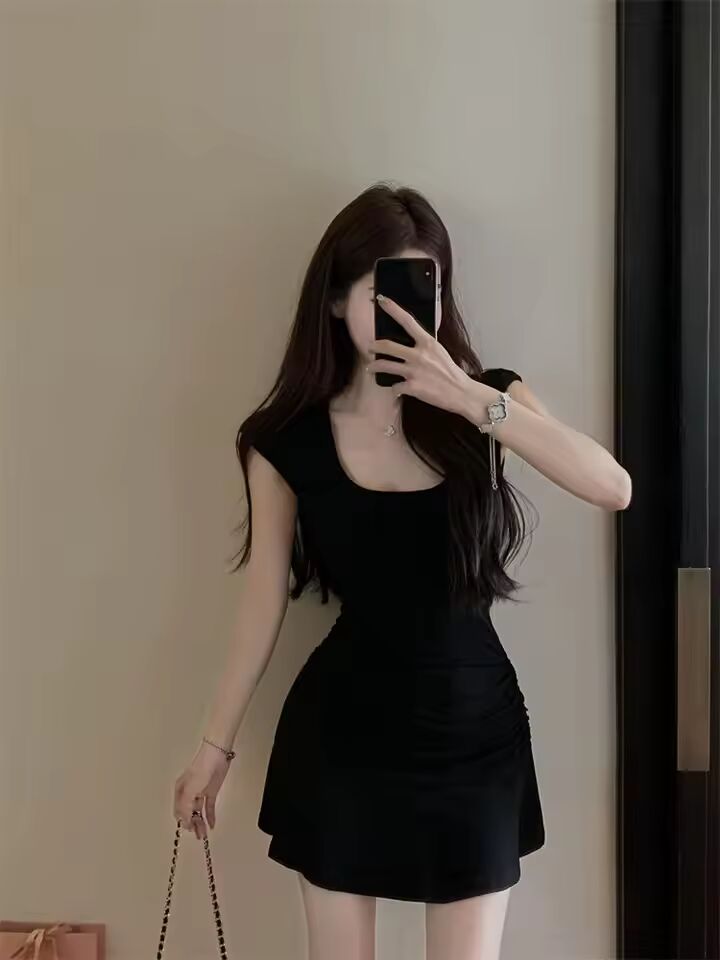 French Dopamine Scoop Neck Bodycon Mini Dress Summer Slim Fit Sweet Sexy Style Snatched Waist Versatile Fitted Dress